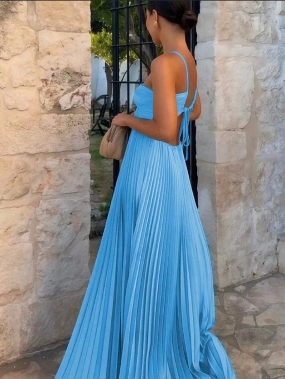 Strapless Pleated Maxi Dress in Sky Blue